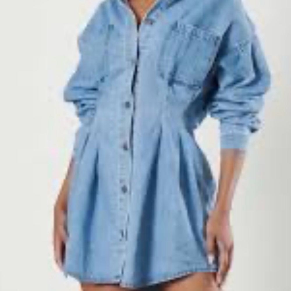 Vibrant‎ M.I.U. Denim Button-Up Long Sleeve Fitted Waist Shirt Dress NWT